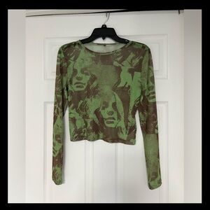 Green and Brown Sheer Long Sleeve Graphic Print Short Top